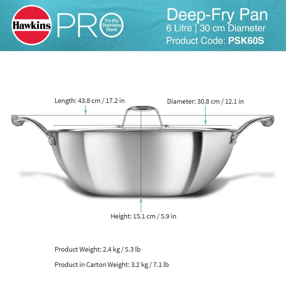 Hawkins Tri-Ply Stainless Steel Deep Fry Pan With Stainless Steel Lid | Gas & Induction Compatible | Silver - 6