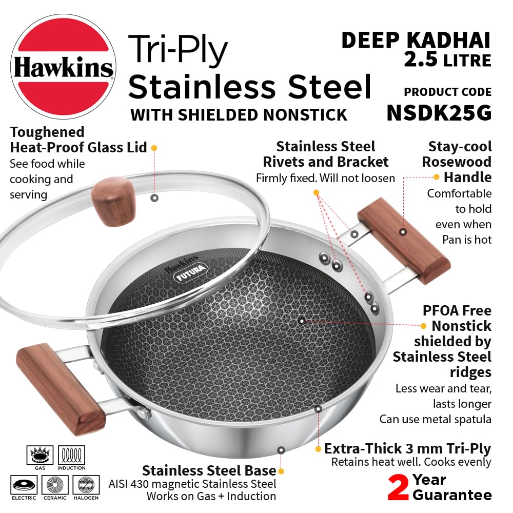 Hawkins Triply Stainless Steel Shielded Nonstick 2.5 Litre Deep Kadhai with Glass Lid - 2