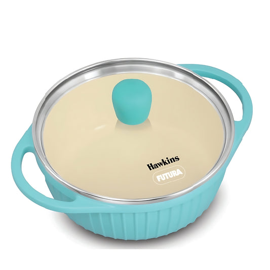 Hawkins Futura Aqua 1250 ML Ceramic Baby Casserole with Glass Lid | Gas & Induction Compatible | Ivory | 1 Pc