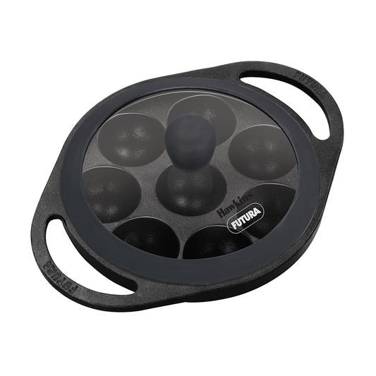 Hawkins Futura Die Cast Non Stick 16 cm Appe Pan with Glass Lid | 8 Cups | Paniyarakkal | Gas & Induction Compatible | Black