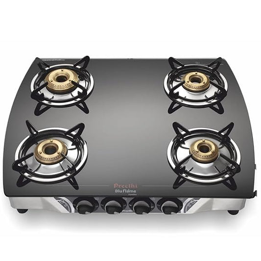 Preethi Blu Flame Jumbo Glass Top 4-Burner Gas Stove | Black & Silver