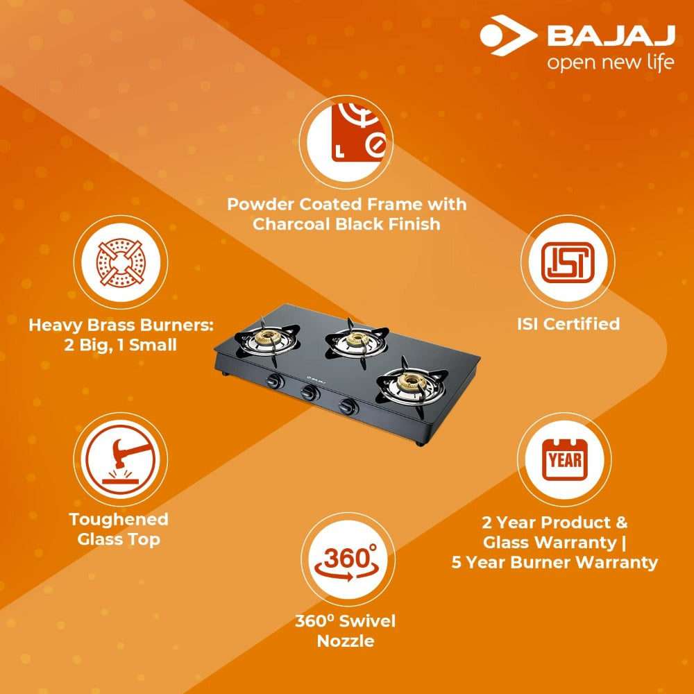 Bajaj GP6 3 Burner Glass Top Gas Stove - 3BRGP6 - 6