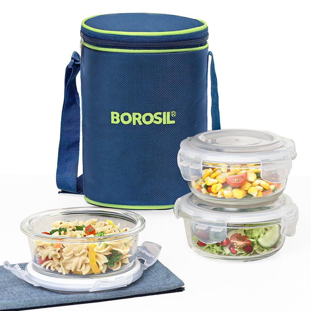 Borosil Microwavable 3 Containers Borosilicate Glass Lunch Box | Set of 3 Pcs