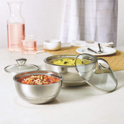 Borosil Servefresh Stainless Steel Insulated 500 ML + 900 ML Curry Server with Glass Lid - 1