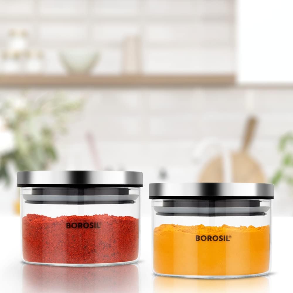 Borosil Glass Jars with Wooden Tray | Transparent & Silver - 7