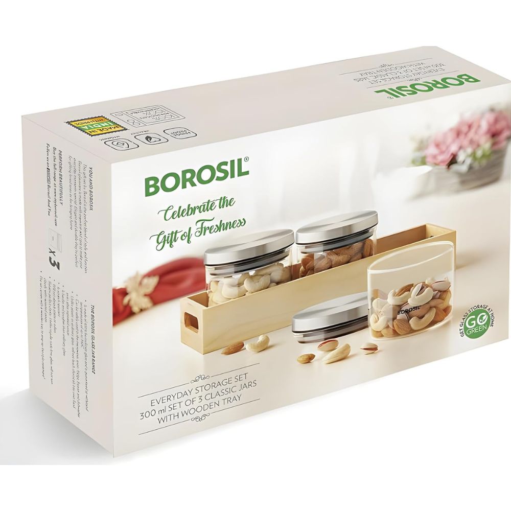 Borosil Glass Jars with Wooden Tray | Transparent & Silver -7