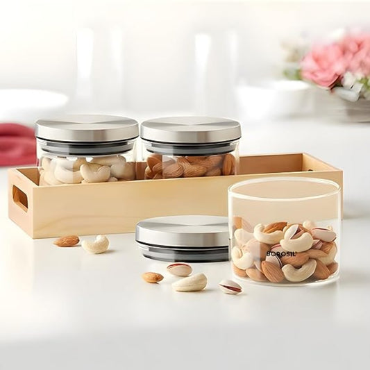 Borosil Glass Jars with Wooden Tray | Transparent & Silver -1