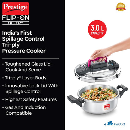 Prestige FLIP-ON Tri-Ply Stainless Steel 22 CM Pressure Cooker with Glass Lid - 6
