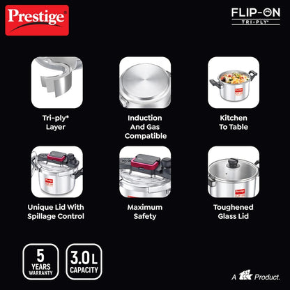 Prestige FLIP-ON Tri-Ply Stainless Steel 18 CM 3 Litre Pressure Cooker with Glass Lid - 7