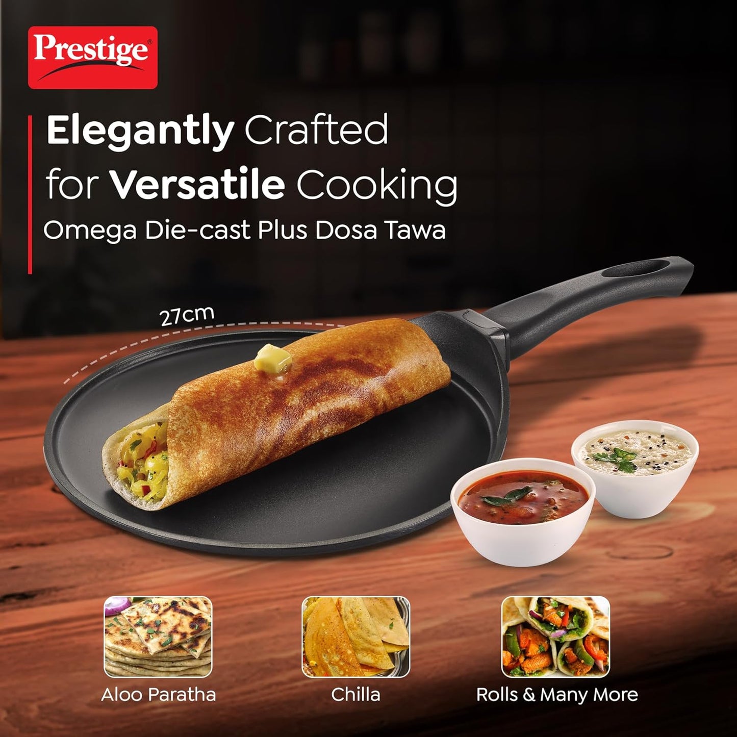 Prestige Omega Die-Cast Plus Aluminium Non-Stick Tawa | Gas & Induction Compatible | Black