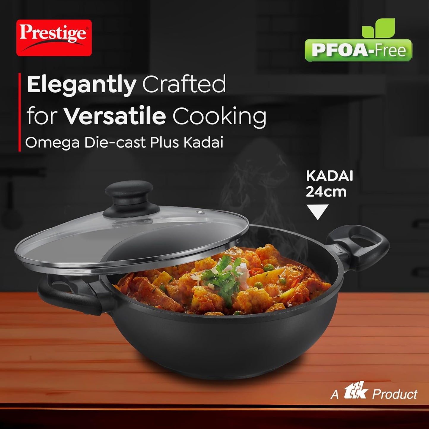 Prestige Omega Die-Cast Plus Aluminium Non-Stick Kadai 24 cm with Glass Lid | Gas & Induction Compatible | Black