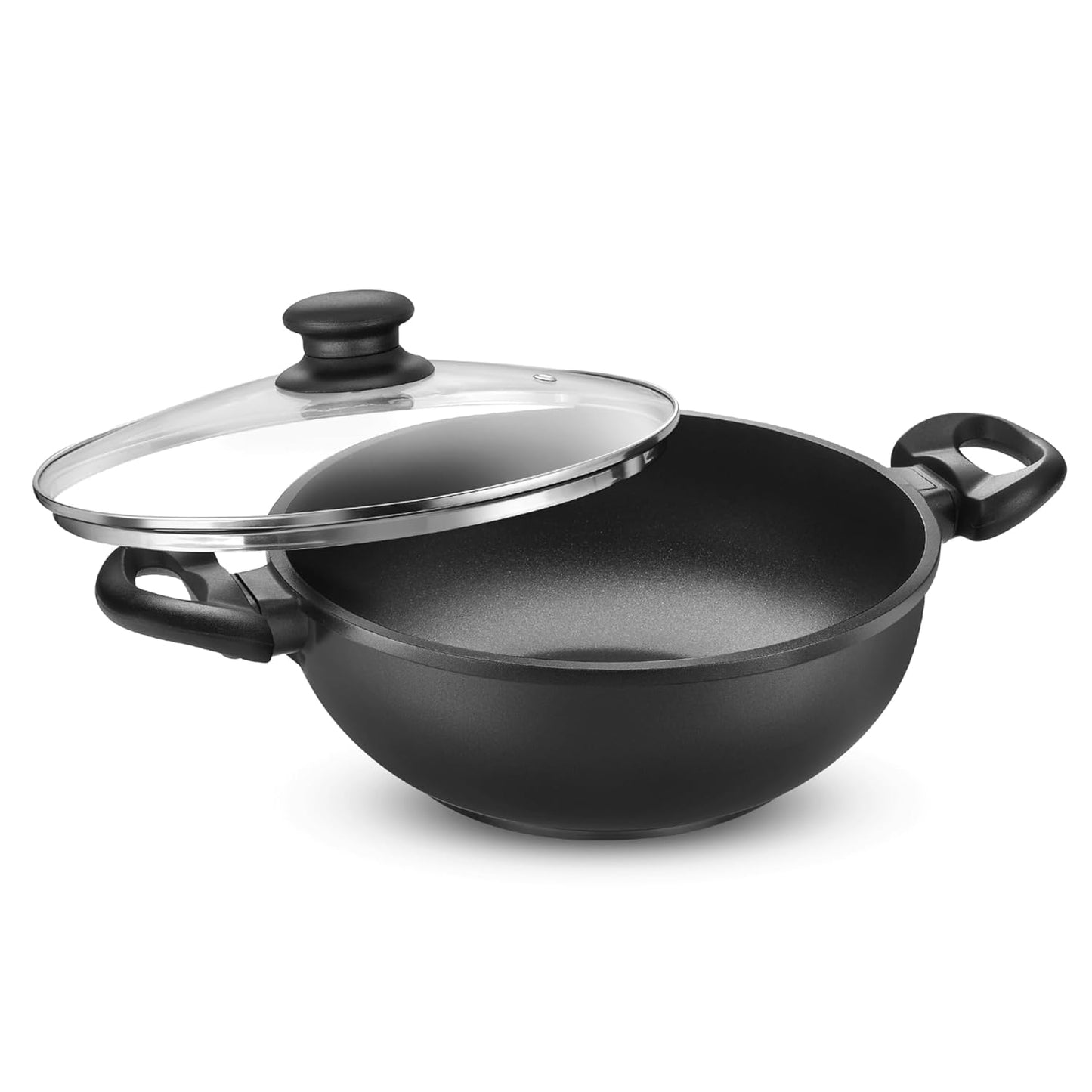 Prestige Omega Die-Cast Plus Aluminium Non-Stick Kadai 24 cm with Glass Lid | Gas & Induction Compatible | Black