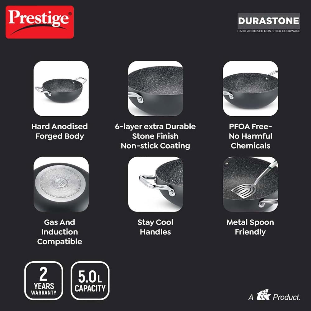 Prestige Durastone Hard Anodised 6 Layer Non-Stick Deep Kadai with Glass Lid - 12