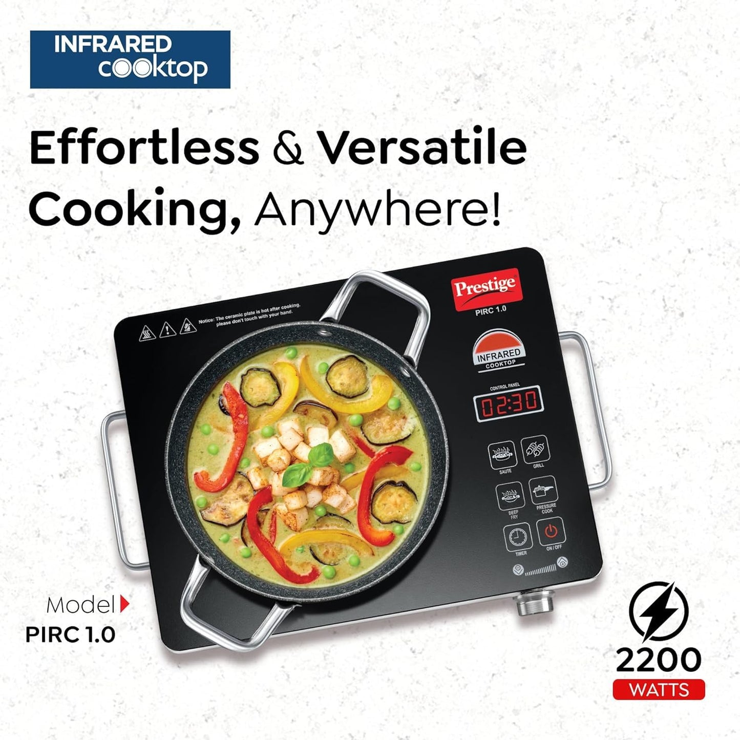 Prestige Infrared Cooktop PIRC 1.0 | 2200W | Stainless Steel & Ceramic | Black & Silver