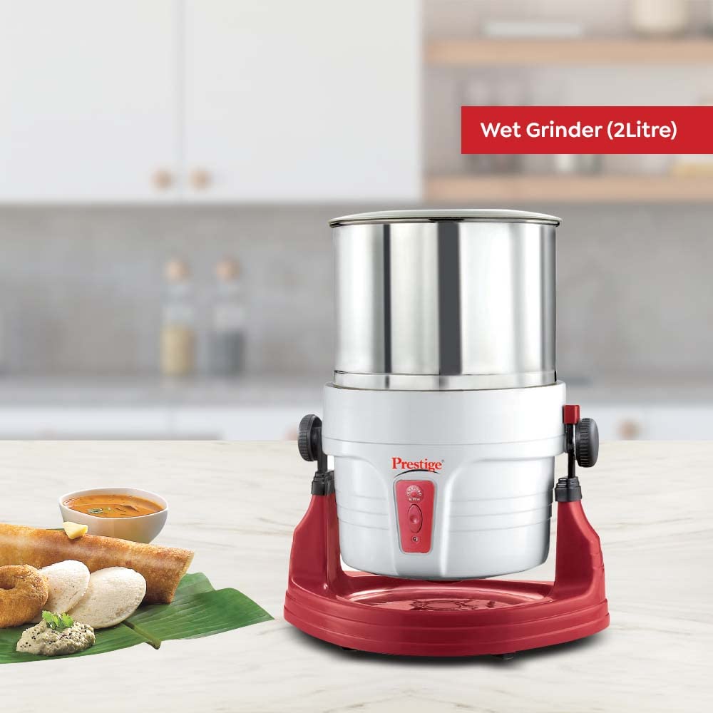 Prestige Stainless Steel Wet Grinder Pwg 01 200 Watts With Tilting Drum, Cocunut Scraper And Atta Kneader Attachment | White & Red