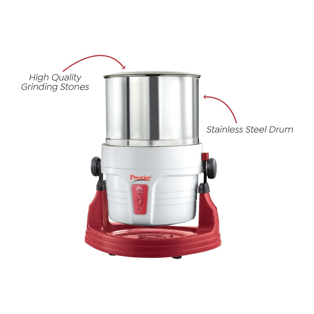 Prestige Stainless Steel Wet Grinder Pwg 01 200 Watts With Tilting Drum, Cocunut Scraper And Atta Kneader Attachment | White & Red