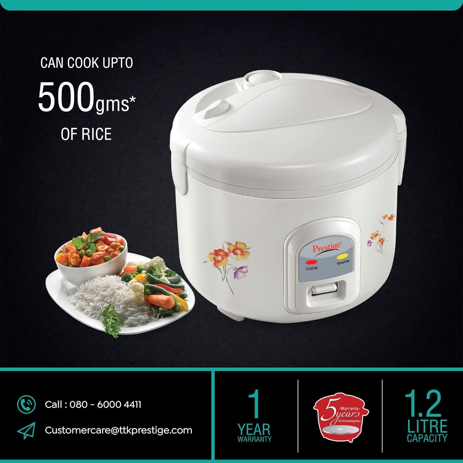 Prestige Delight Electric PRWCS 1.2 Ltr Rice Cooker | 500 Watts | White