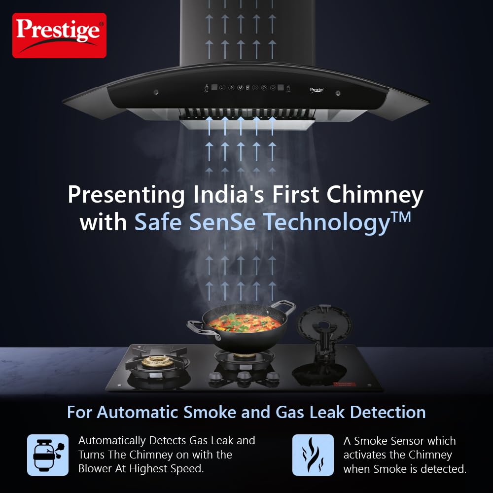 Prestige Oscar 600 IOT Enabled Kitchenhood Chimney with Safesense Technology | 1000 m3/hr | Black