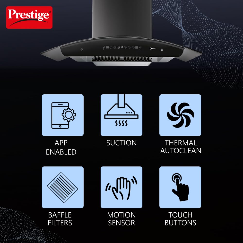 Prestige Oscar 600 IOT Enabled Kitchenhood Chimney with Safesense Technology | 1000 m3/hr | Black