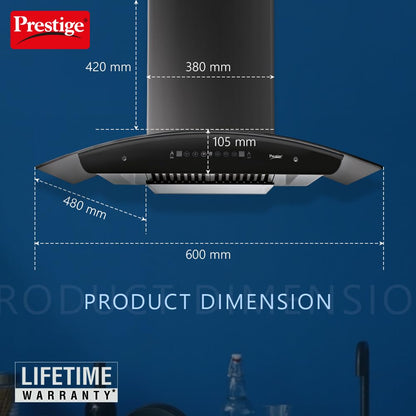 Prestige Oscar 600 IOT Enabled Kitchenhood Chimney with Safesense Technology | 1000 m3/hr | Black