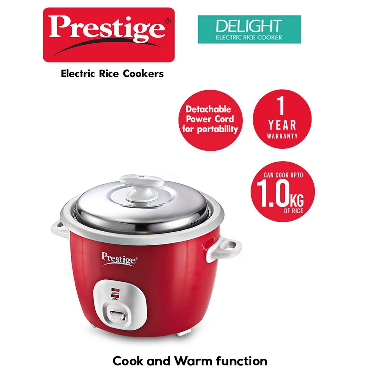 Prestige Delight Electric 1.2 Ltr Rice Cooker | 700 Watts | Red