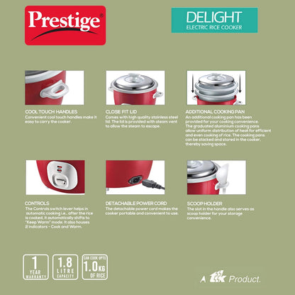 Prestige Delight Electric 1.2 Ltr Rice Cooker | 700 Watts | Red