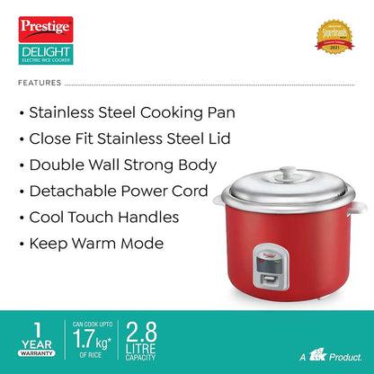 Prestige Delight Cute Electric 2.8 Litre Rice Cooker | 1000 Watts | Red