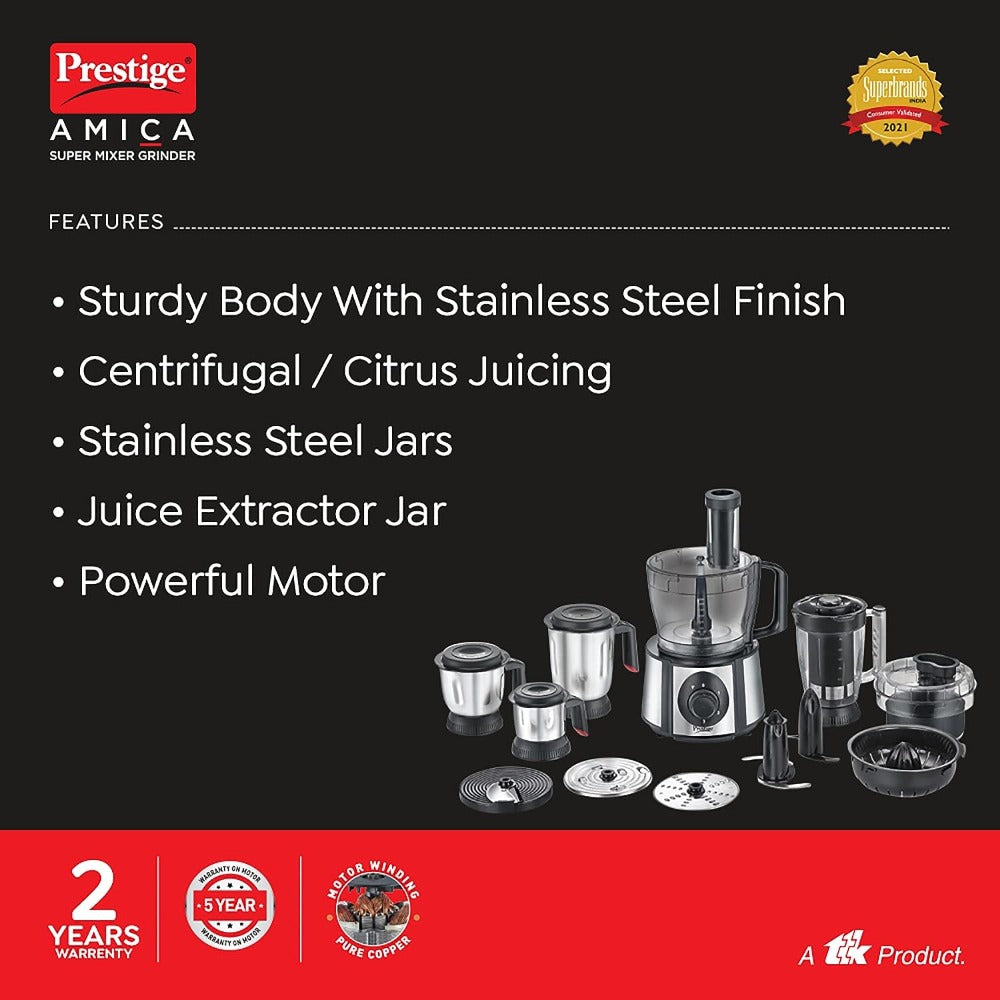 Prestige Amica Super Mixer Grinder 1000 Watt With 5 Jars & Multiple Accessories-4