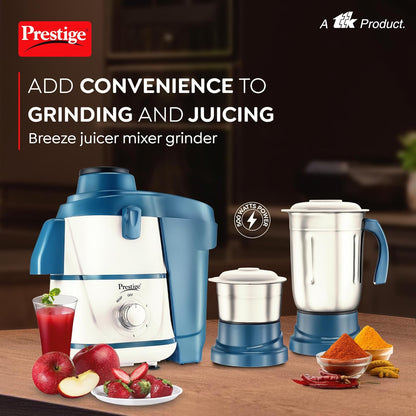 Prestige Breeze 500W Juicer Mixer Grinder With 2 Stainless Steel Jars | Blue & White