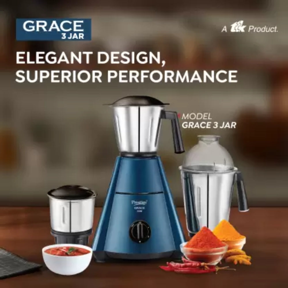 Prestige Grace 750W Mixer Grinder with 3 Stainless Steel Jars | Blue