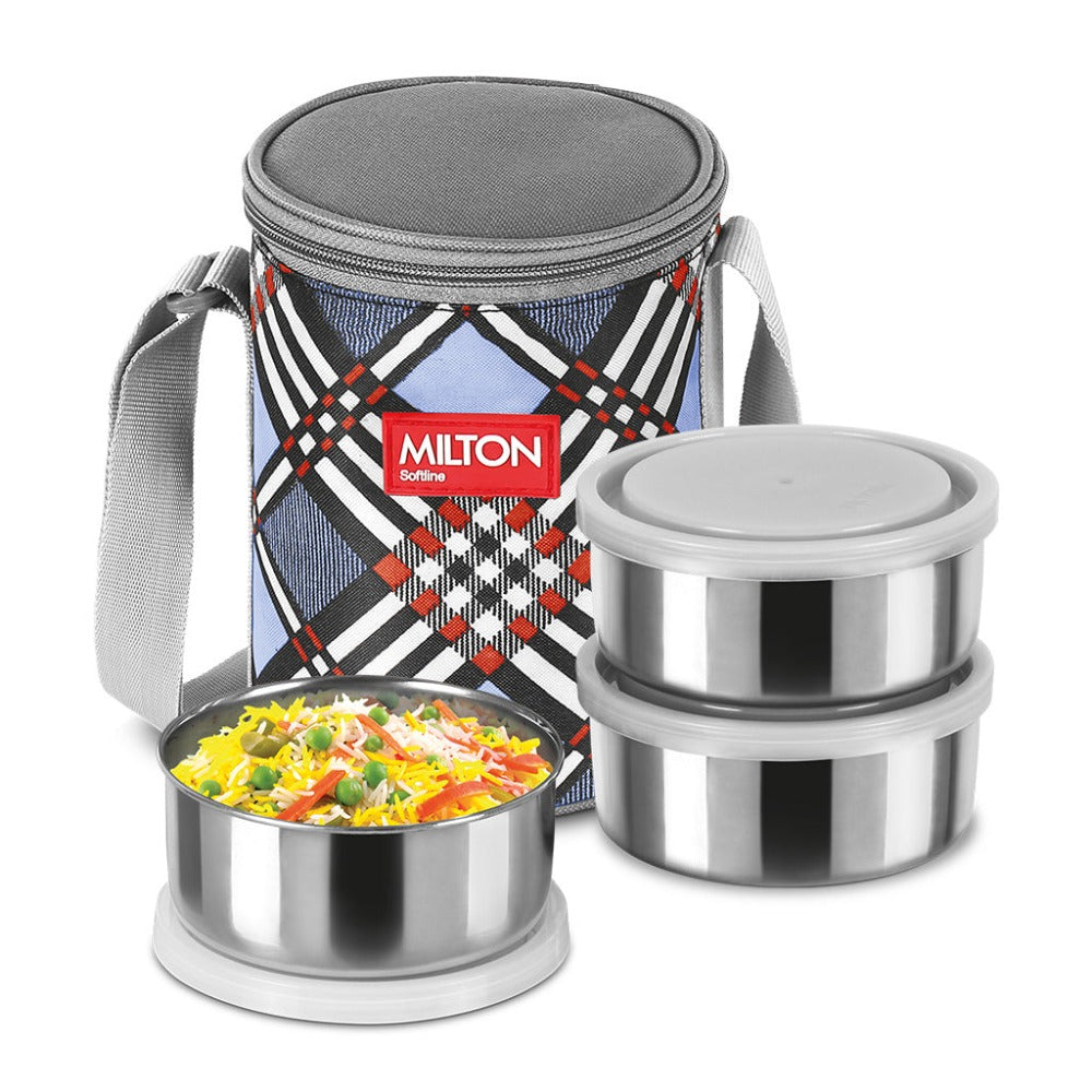 Milton Steel Treat 3 Container Tiffin with Jacket - 1Milton Steel Treat, 3 Stainless Steel Tiffin Containers, 280 Each with Jacket | Yellow, Blue, Grey and Orange from www.rasoishop.com