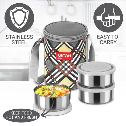 Milton Steel Treat 3 Container Tiffin with Jacket - 1Milton Steel Treat, 3 Stainless Steel Tiffin Containers, 280 Each with Jacket | Yellow, Blue, Grey and Orange from www.rasoishop.com