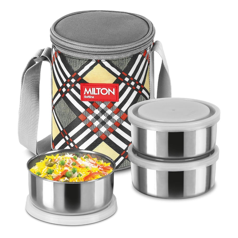 Milton Steel Treat 3 Container Tiffin with Jacket - 1Milton Steel Treat, 3 Stainless Steel Tiffin Containers, 280 Each with Jacket | Yellow, Blue, Grey and Orange from www.rasoishop.com