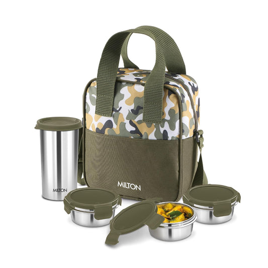 Milton Camo Feast Stainless Steel Tiffin 3 Container + Super Stainless Steel 400 ML Bottle | Set of 4 Pcs