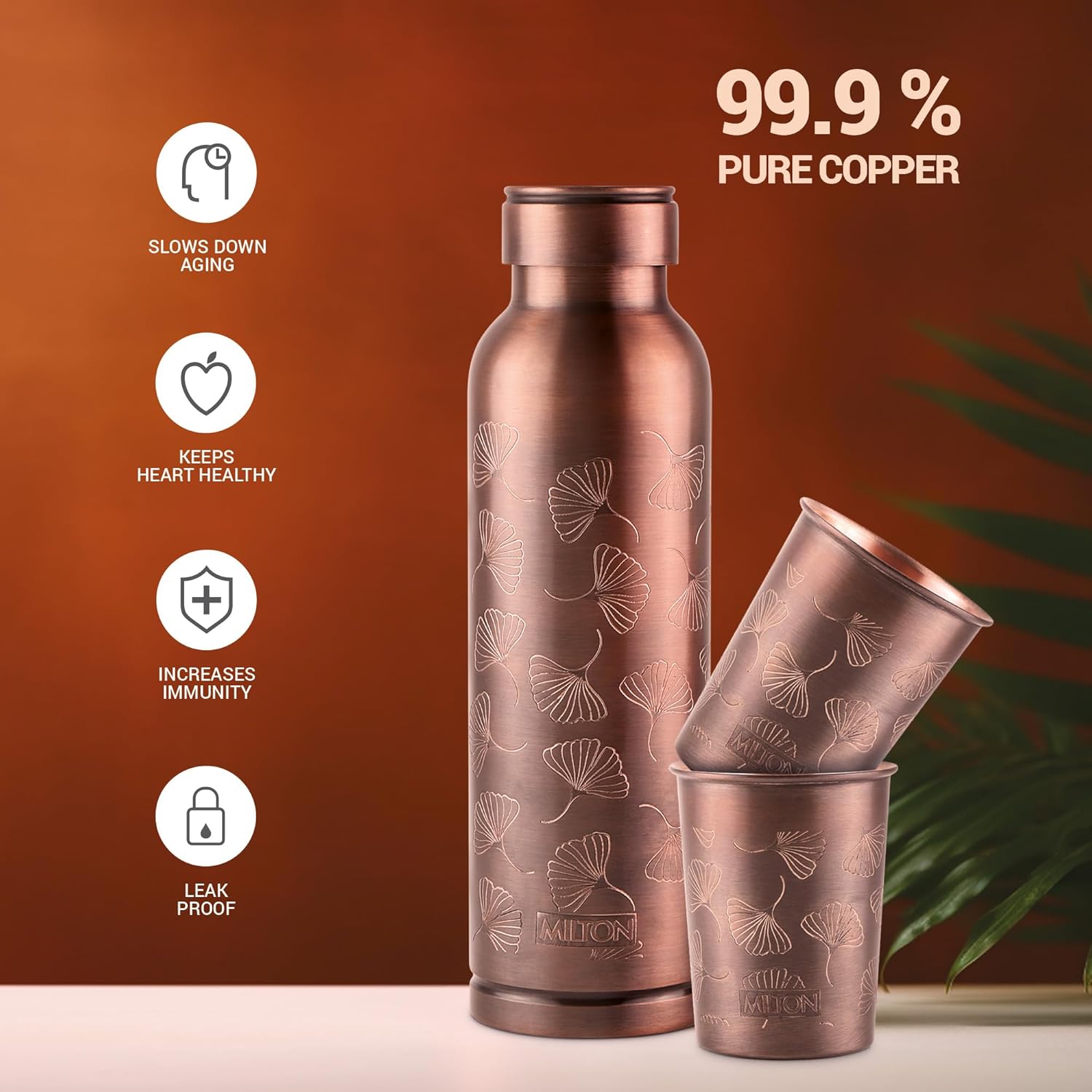 Milton Copper Elegante Gift Set - 1 Bottle + 2 Tumbler | Set of 3 Pcs