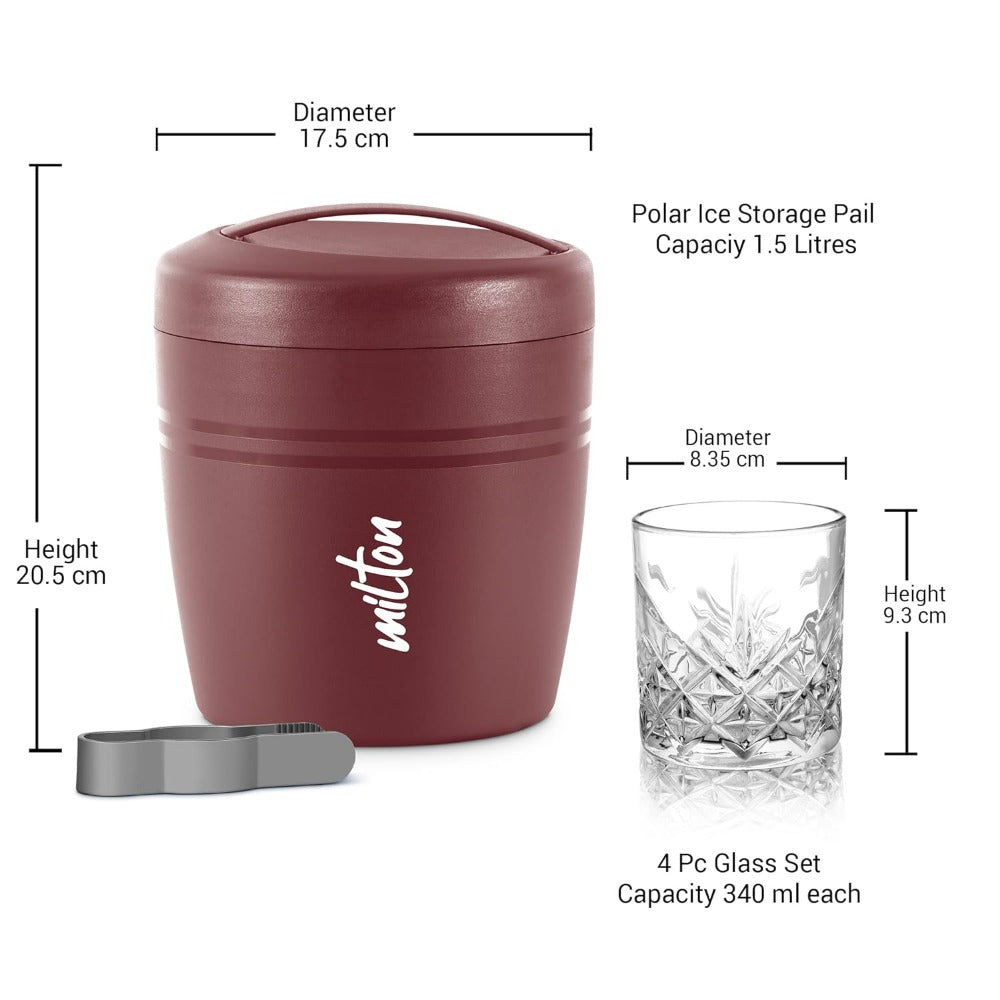 Milton Spiritz Gift Set - Polar Ice Storage Pail + Tong + 4 Borosilicate Glass 340 ML Tumblers - 3