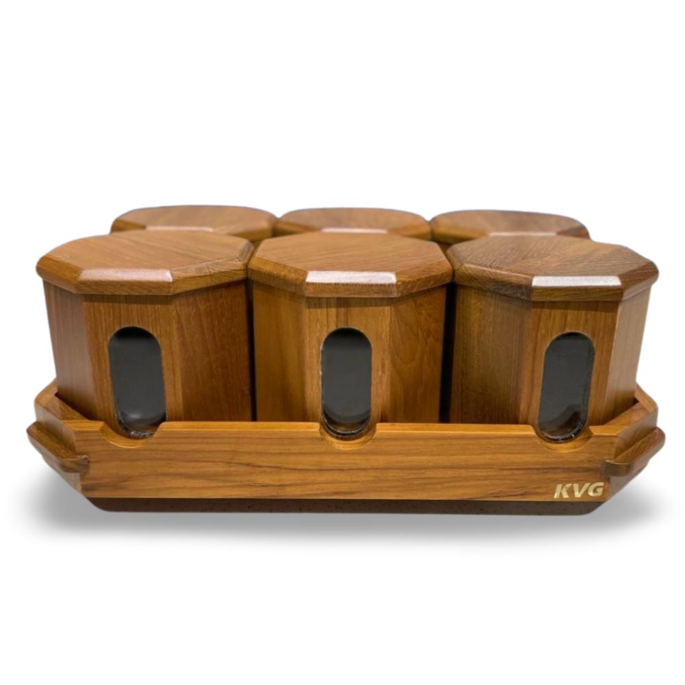 KVG Teak Wood Hax 6 Pcs Mukhwas Container With Tray | Brown - 1