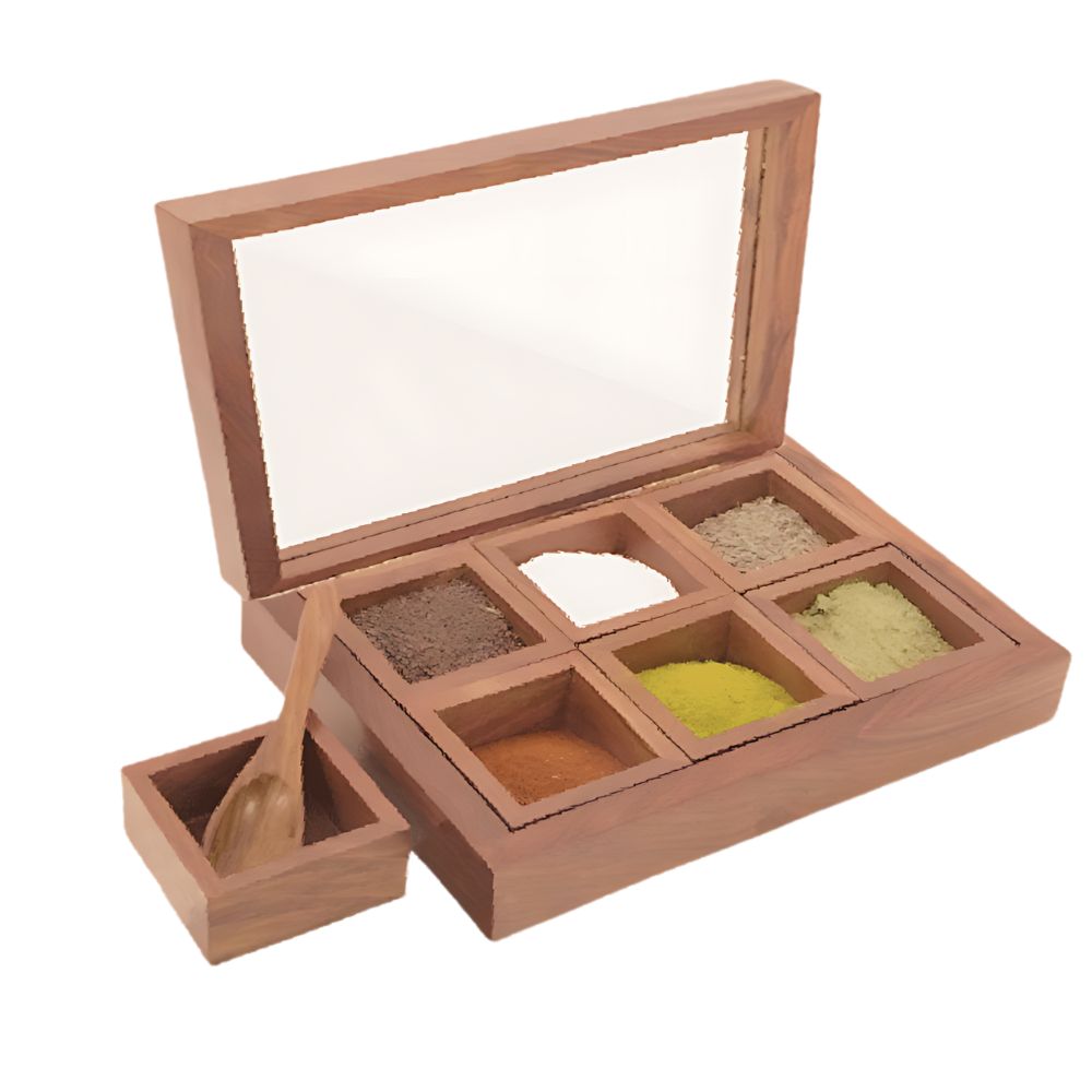 KVG Handcrafted Rose Wood Rectangular Shaped Spice Box with See-Through Glass Lid - 1