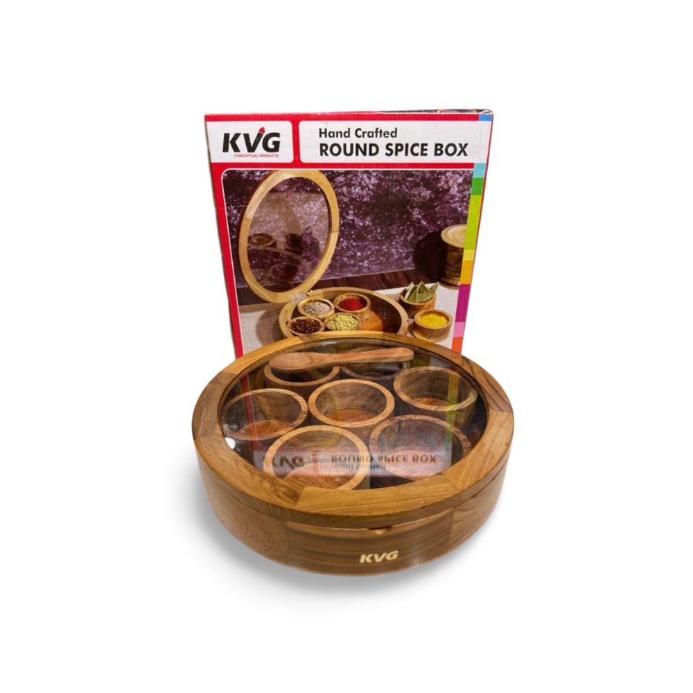 KVG Rose Wood Round Spice Box with 7 Compartment with Spoon| Brown - 3