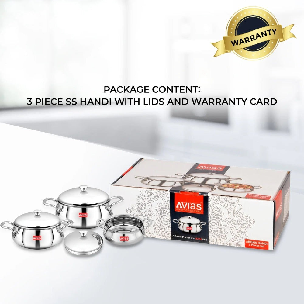 AVIAS Aroma Stainless Steel Handi Set | Silver | Set of 3 Pcs-10