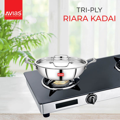 AVIAS Riara Premium Stainless Steel Tri-Ply Kadhai With Lid | Gas & Induction Compatible | Silver-11