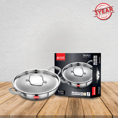 AVIAS Riara Premium Stainless Steel Tri-Ply Kadhai With Lid | Gas & Induction Compatible | Silver-3