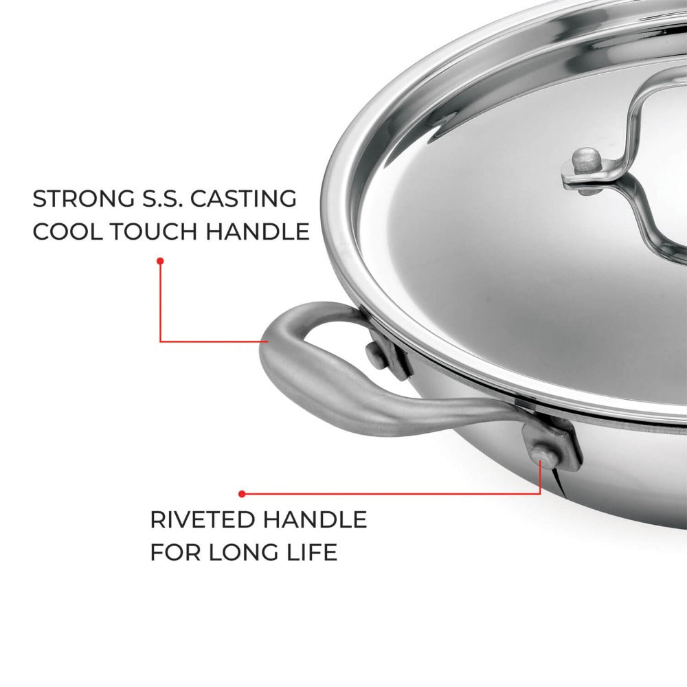 AVIAS Riara Premium Stainless Steel Tri-Ply Kadhai With Lid | Gas & Induction Compatible | Silver-5