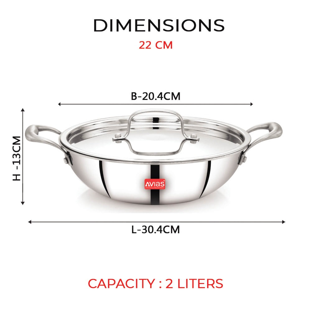 AVIAS Riara Premium Stainless Steel Tri-Ply Kadhai With Lid | Gas & Induction Compatible | Silver-7