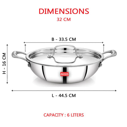 AVIAS Riara Premium Stainless Steel Tri-Ply Kadhai With Lid | Gas & Induction Compatible | Silver-8