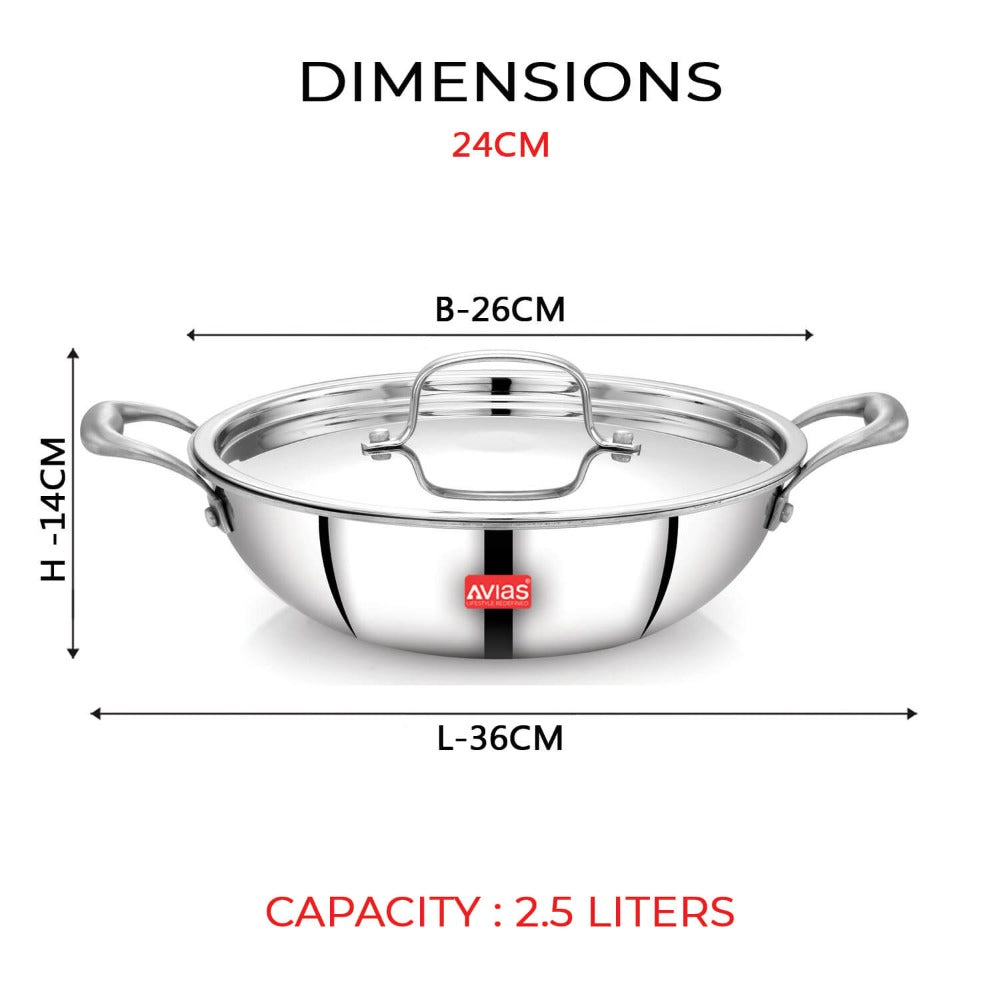 AVIAS Riara Premium Stainless Steel Tri-Ply Kadhai With Lid | Gas & Induction Compatible | Silver-9