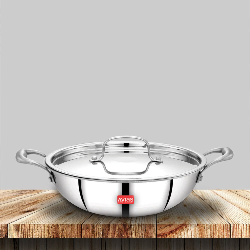 AVIAS Riara Premium Stainless Steel Tri-Ply Kadhai With Lid | Gas & Induction Compatible | Silver-1