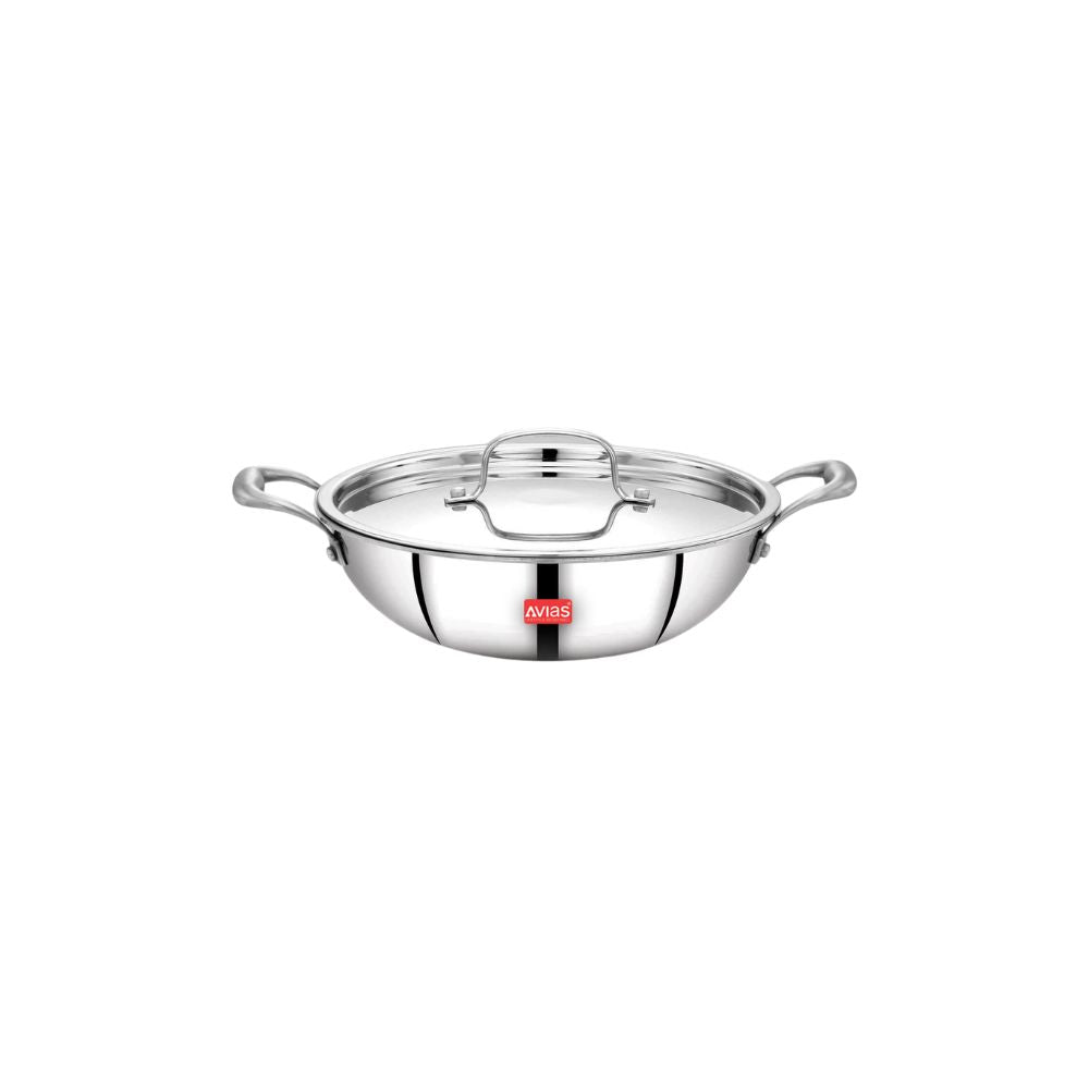 AVIAS Riara Premium Stainless Steel Tri-Ply Kadhai With Lid | Gas & Induction Compatible | Silver-12
