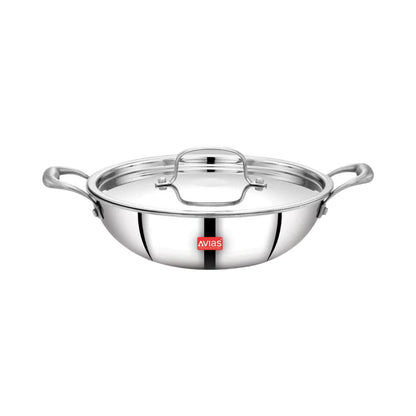 AVIAS Riara Premium Stainless Steel Tri-Ply Kadhai With Lid | Gas & Induction Compatible | Silver-14