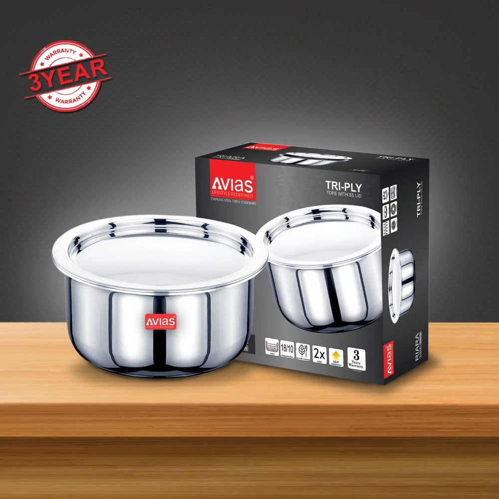 AVIAS Riara Premium Stainless Steel Tri-Ply Tope With Steel Lid | Gas & Induction Compatible | Silver-2